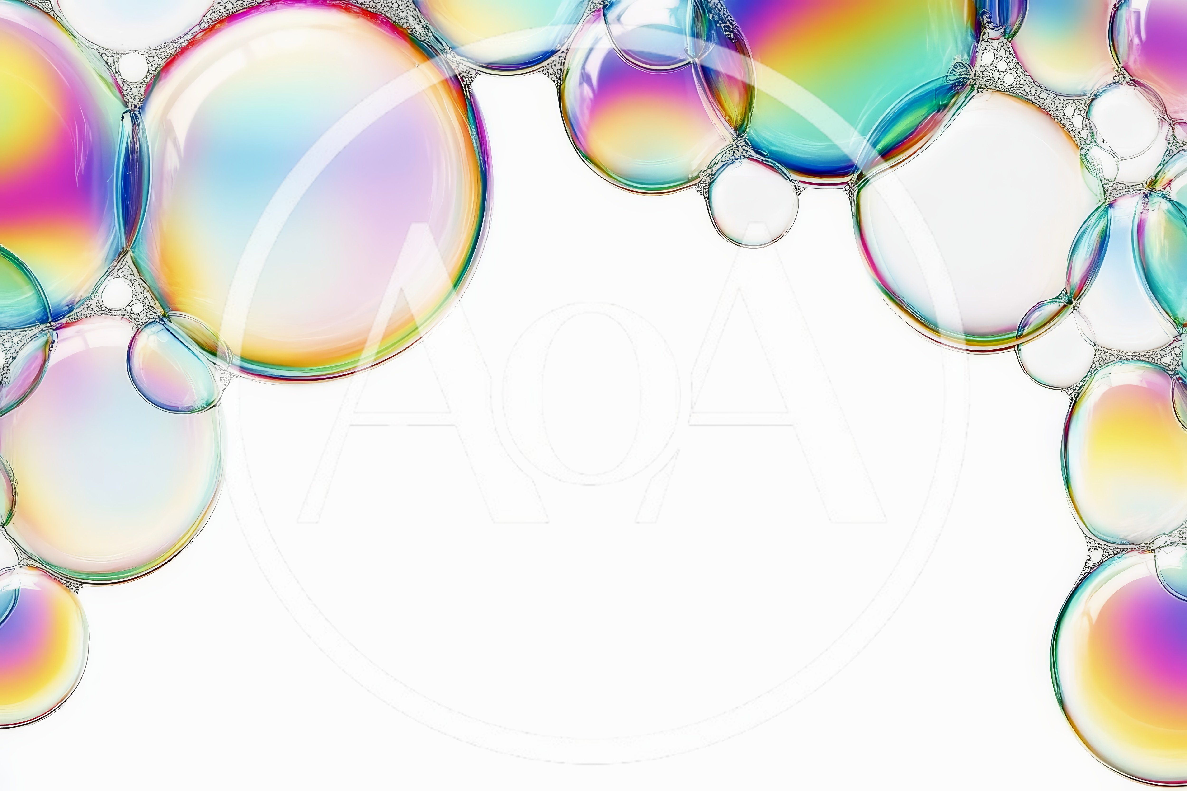 Iridescent Soap Bubbles Floating On White Background