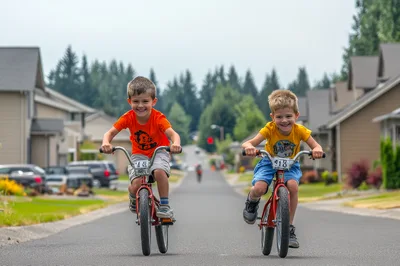 Two Young Boys Riding Bicycles Down A Suburban Street