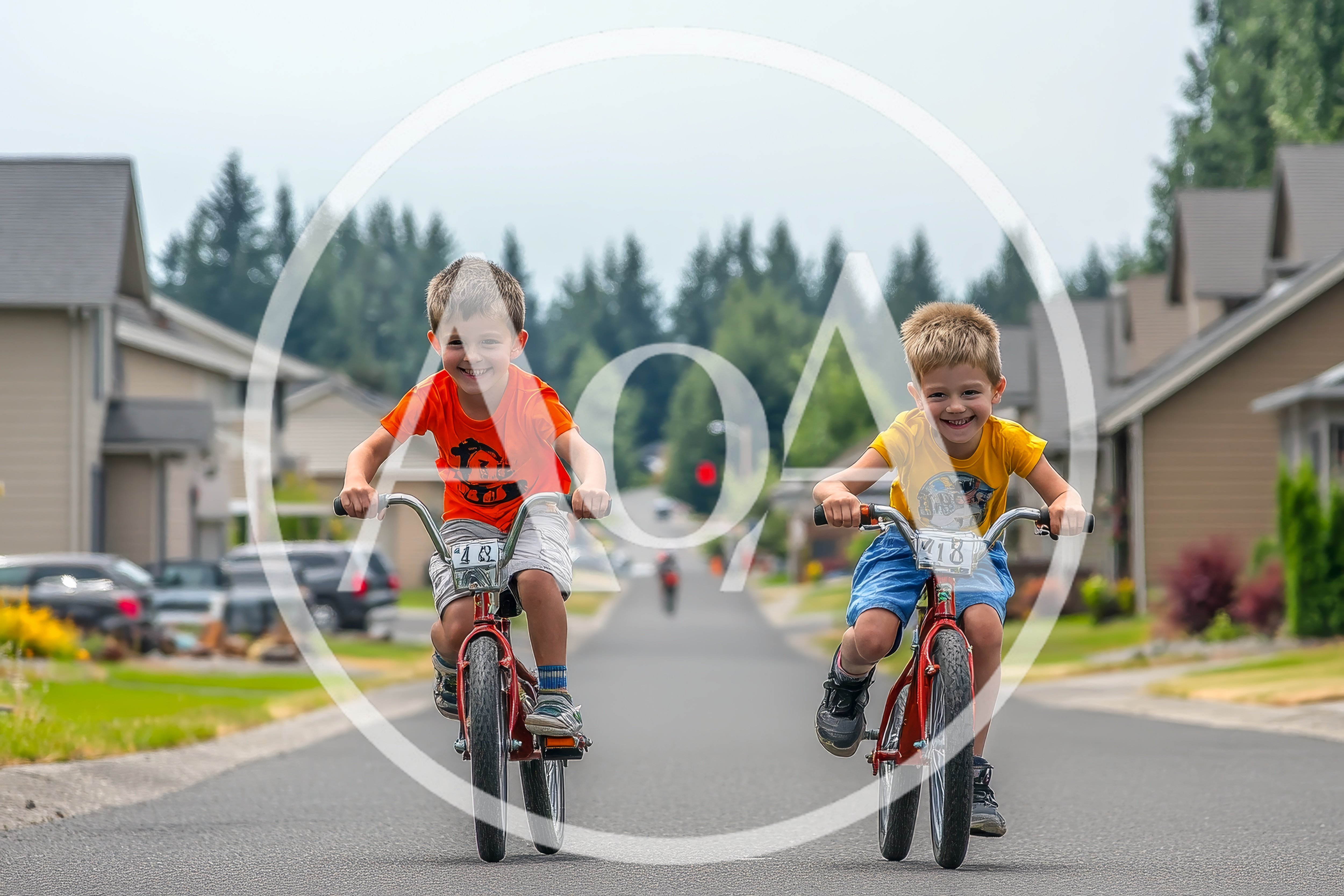 Two Young Boys Riding Bicycles Down A Suburban Street