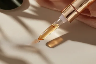 Golden Face Serum Dropper On Silk Fabric