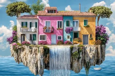 Floating Mediterranean Village Island With Waterfall