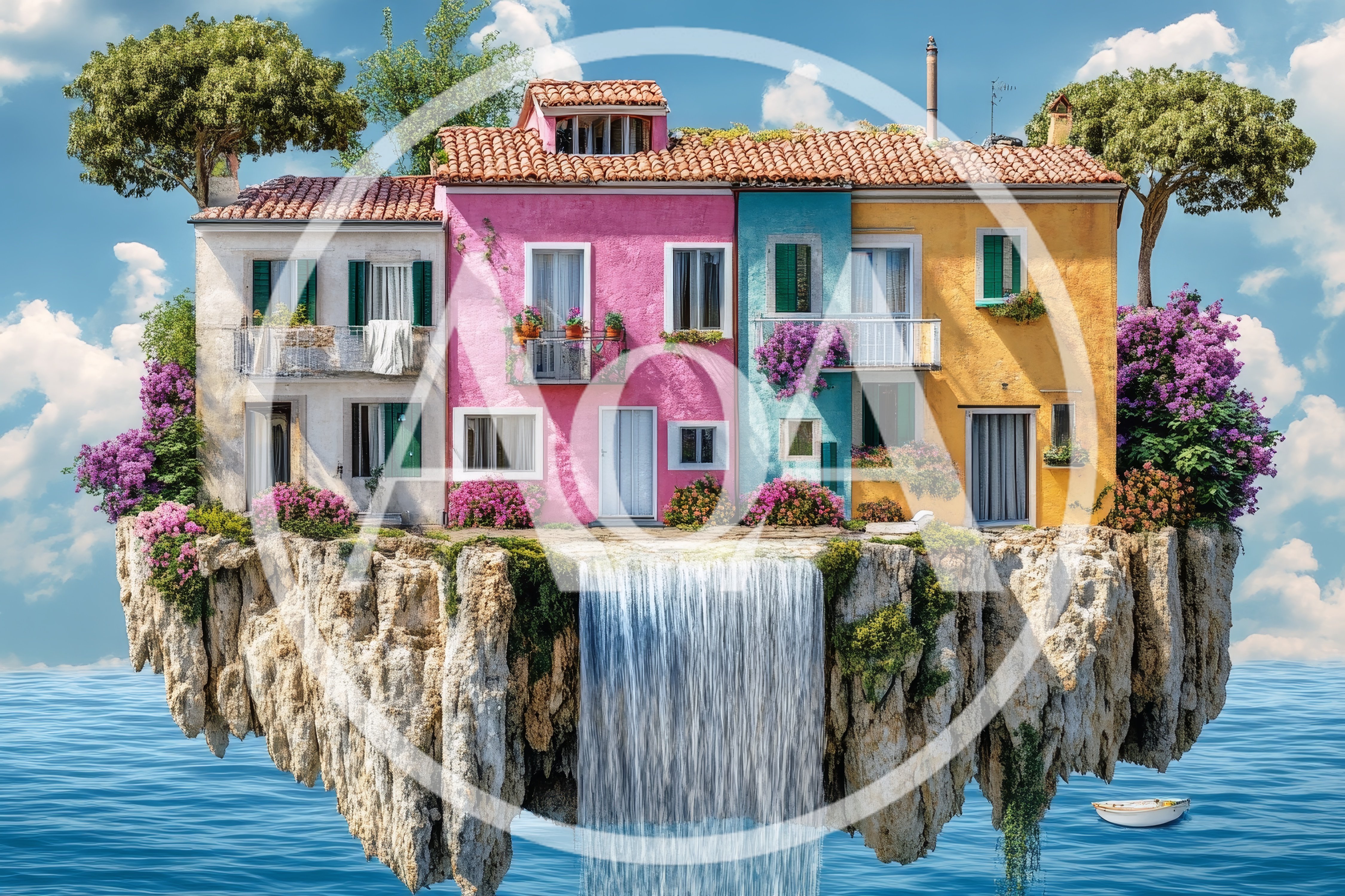 Floating Mediterranean Village Island With Waterfall
