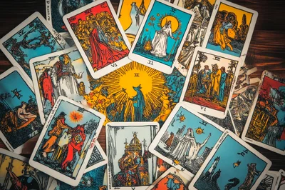 Tarot Card Spread On Wooden Table