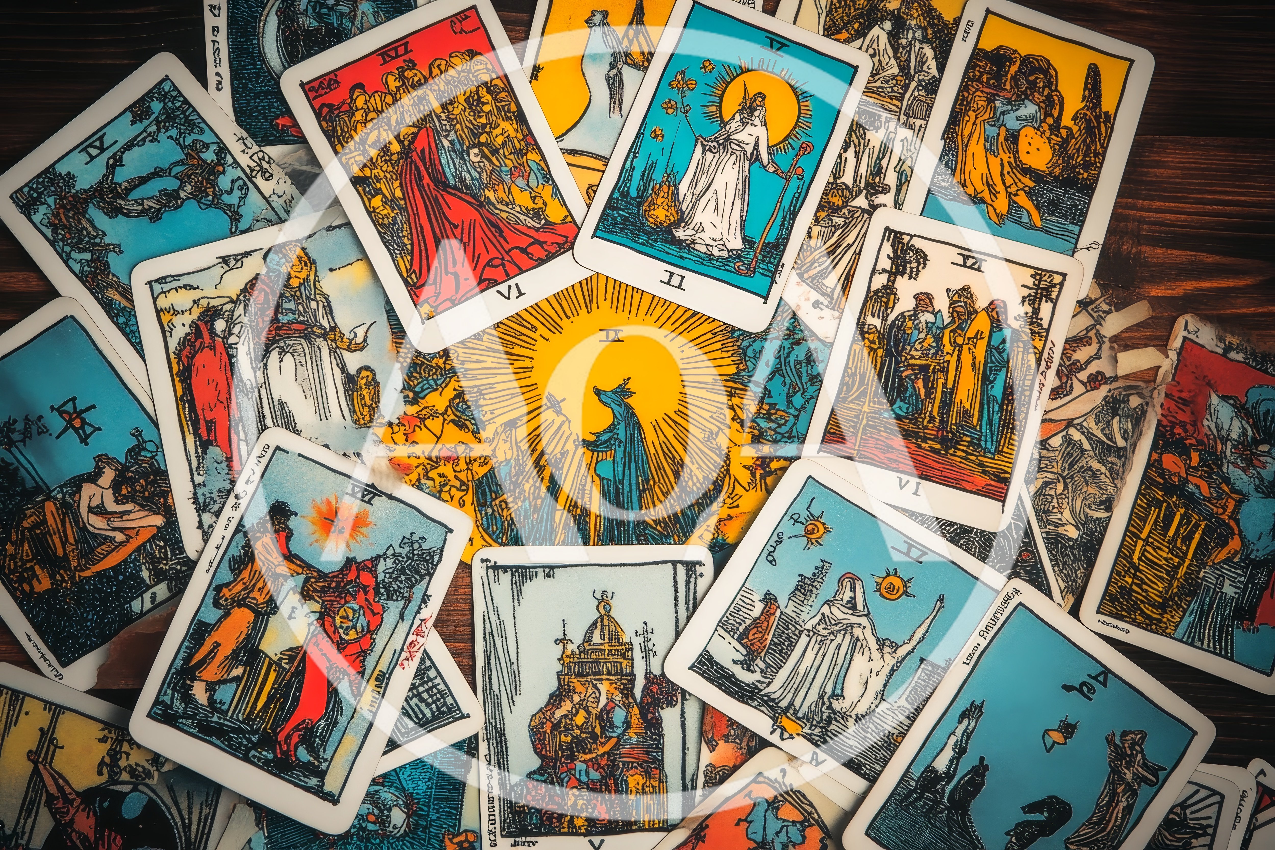 Tarot Card Spread On Wooden Table