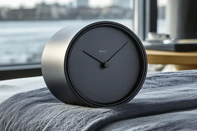 Minimalist Black Table Clock On A Textured Bedspread