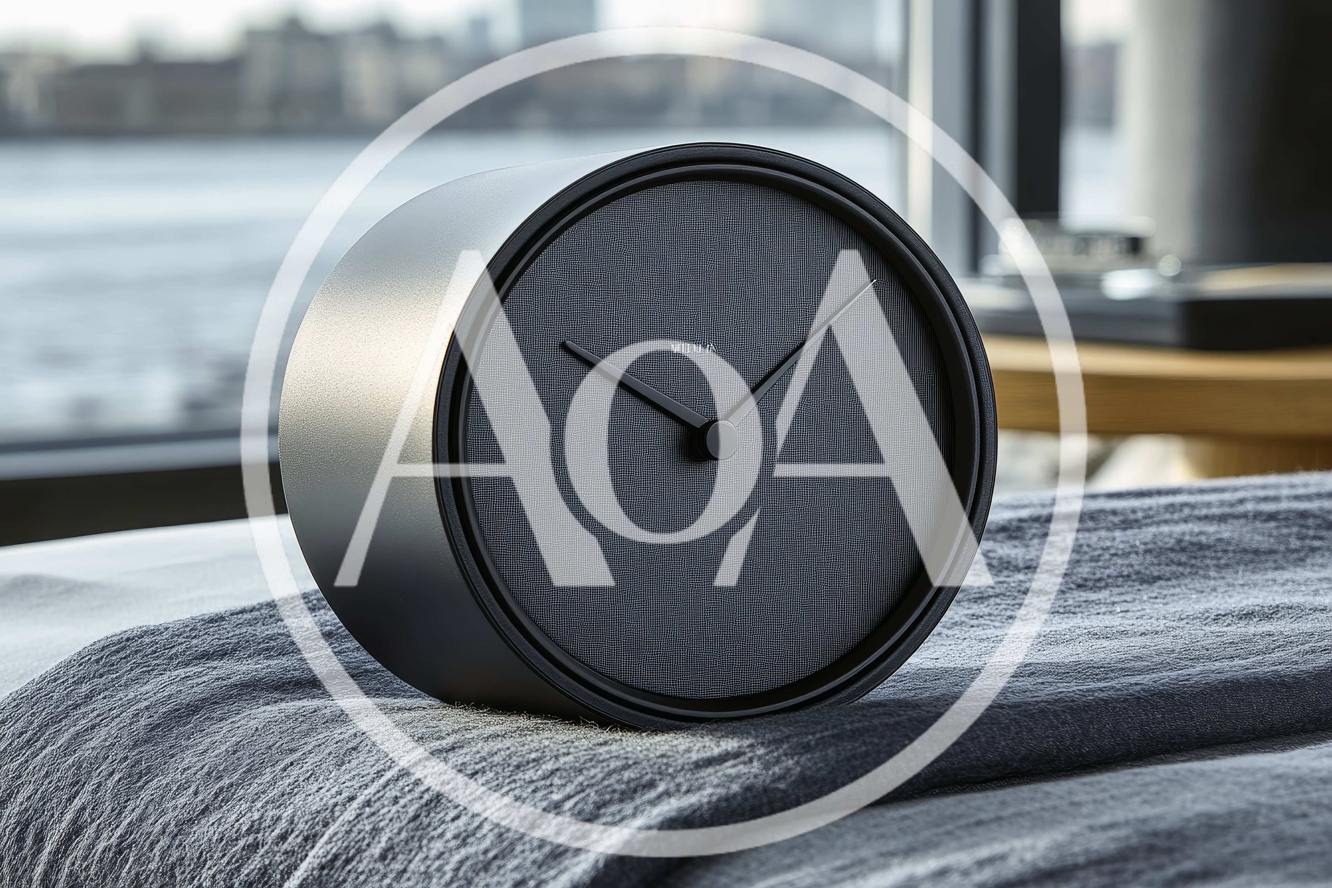 Minimalist Black Table Clock On A Textured Bedspread