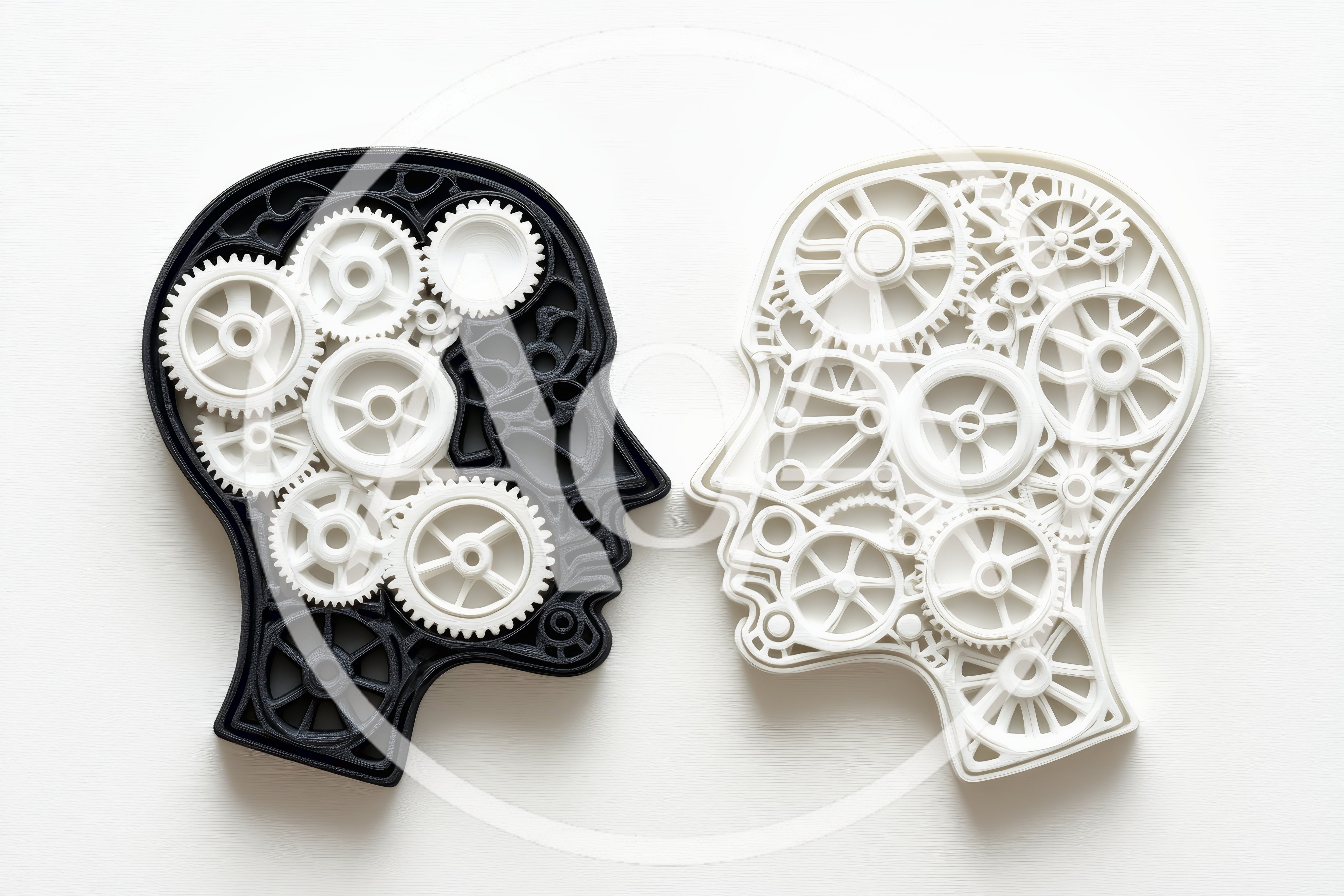 Two Human Head Silhouettes With Internal Mechanical Gears