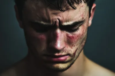 Close Up Portrait Of A Distressed Injured Young Man