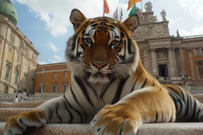 Majestic Tiger Resting on Roman Piazza Steps