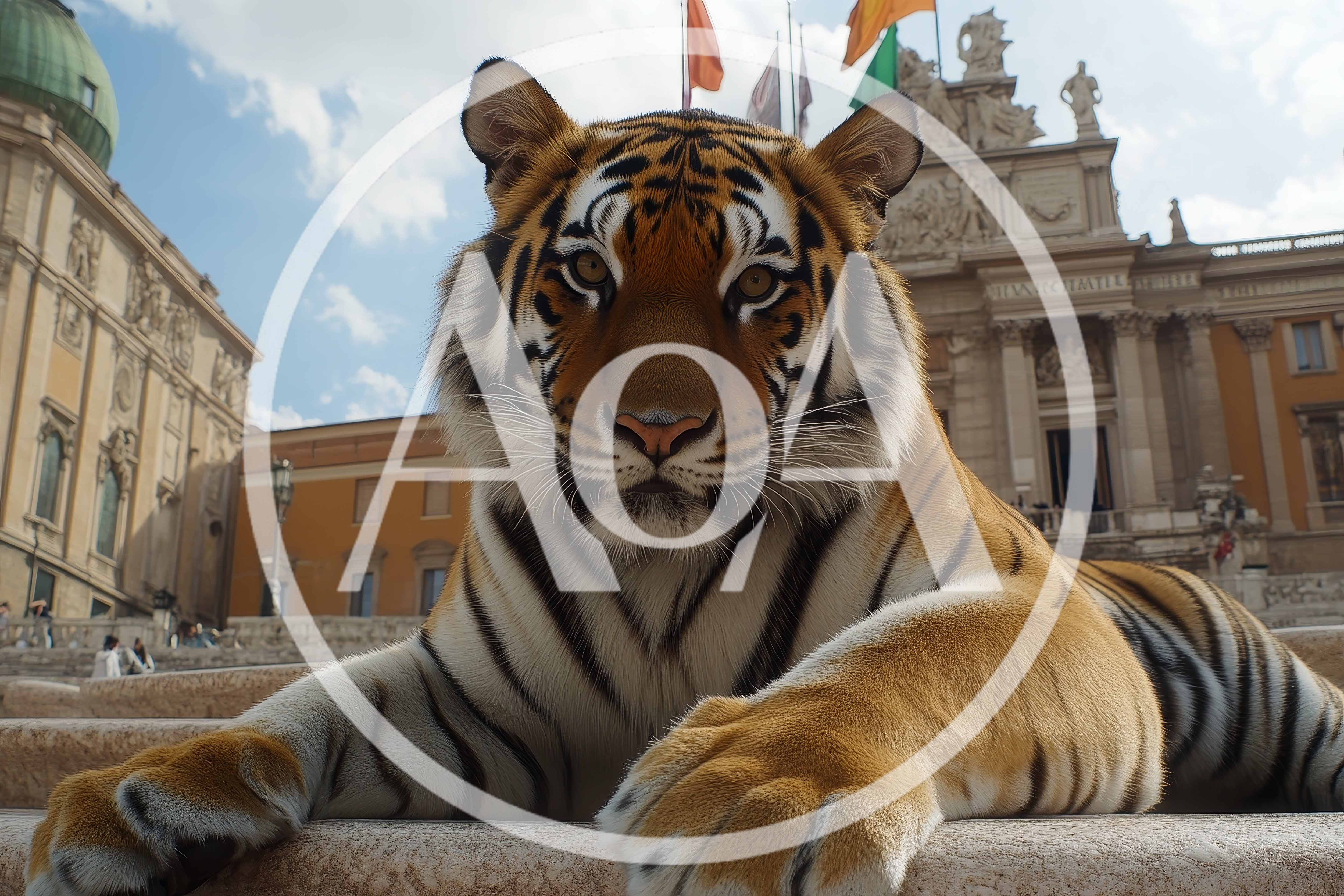 Majestic Tiger Resting on Roman Piazza Steps