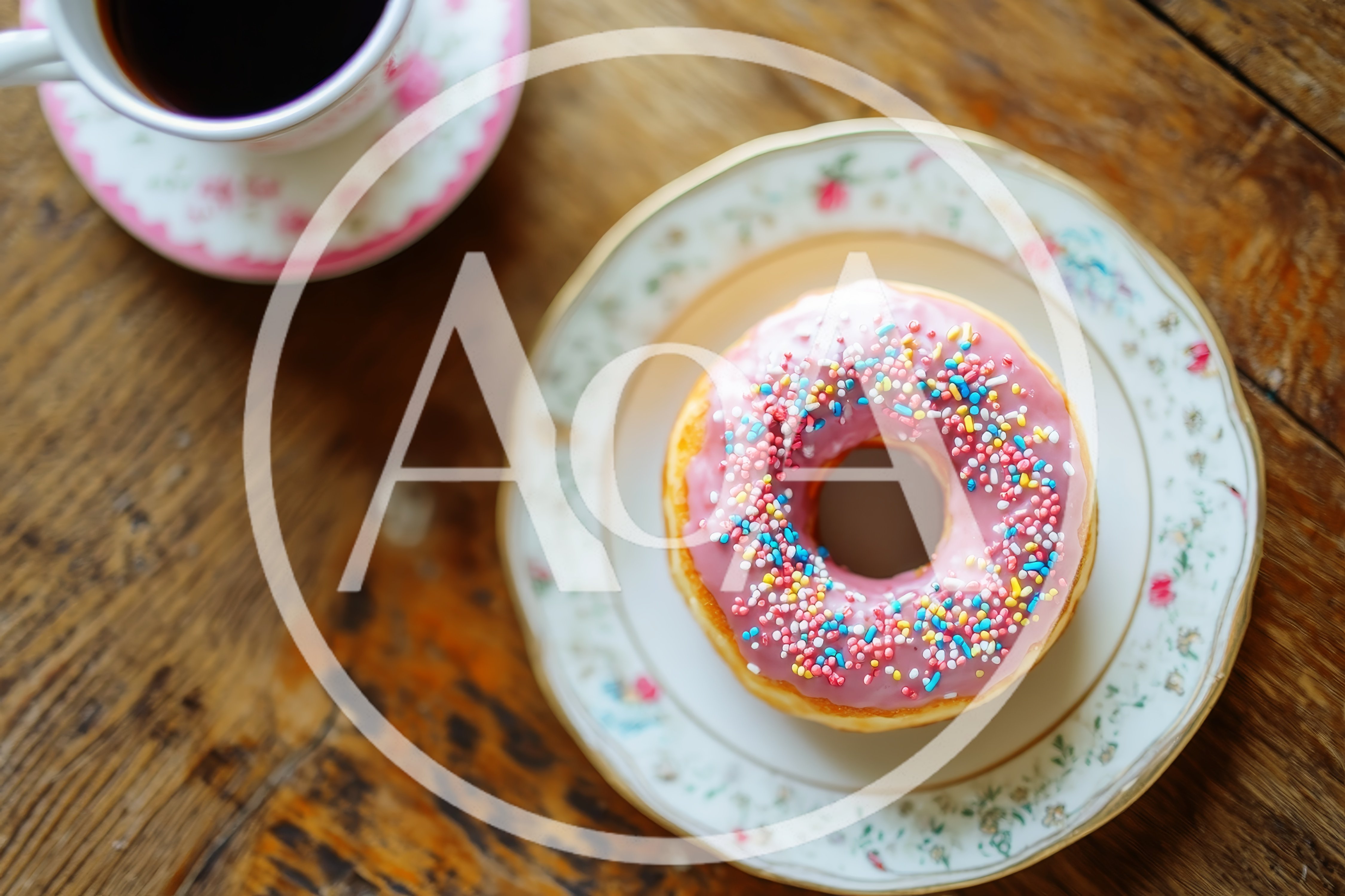 Pink Frosted Donut With Sprinkles On A Vintage Plate