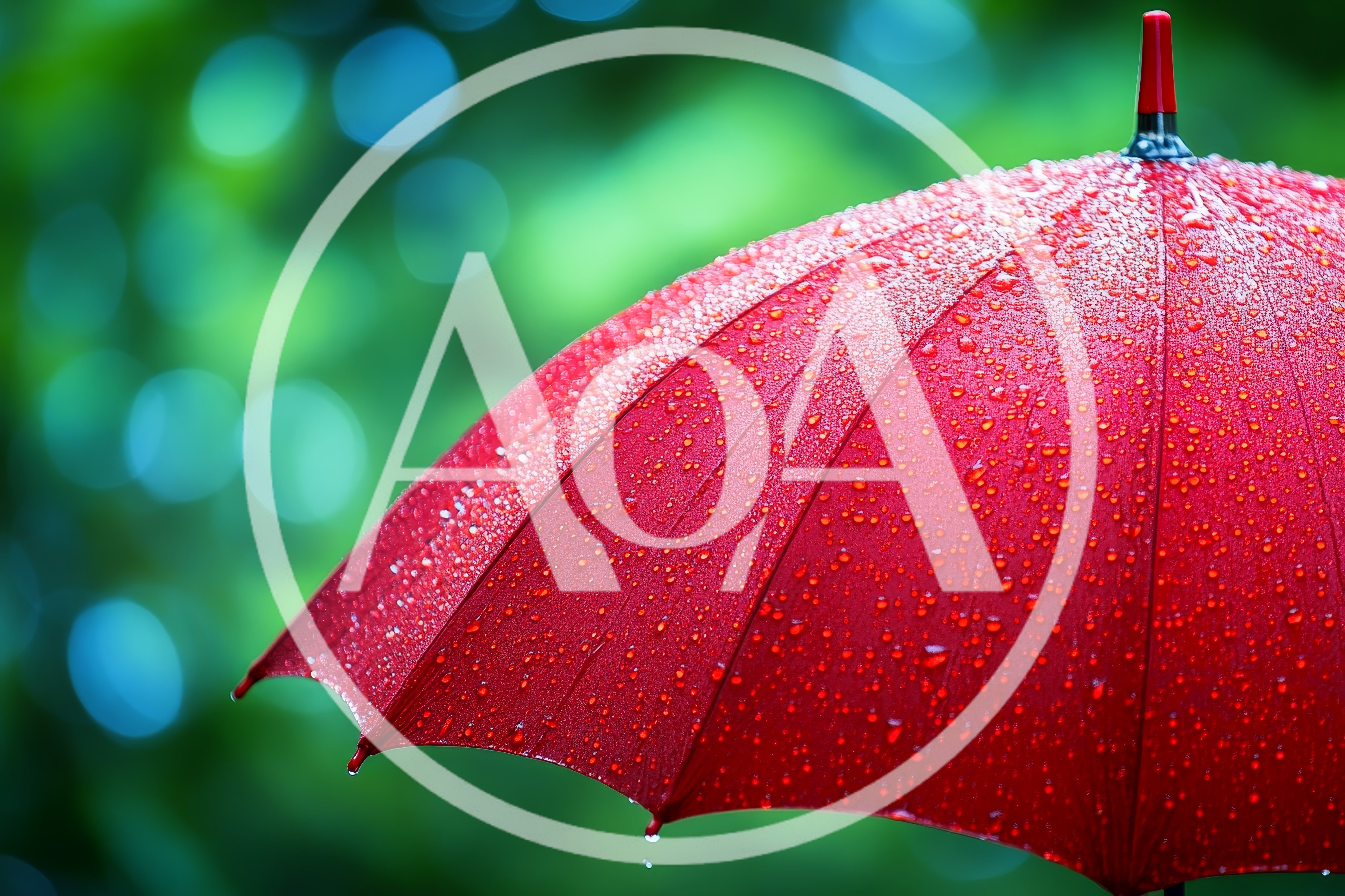 Red Umbrella Covered In Raindrops Against Blurred Green Background