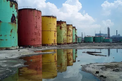 Industrial Storage Tanks In A Dilapidated Refinery Complex