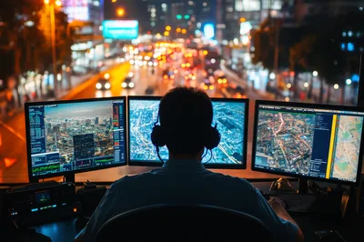 Operator Monitoring Urban Traffic Flow On Multiple Screens
