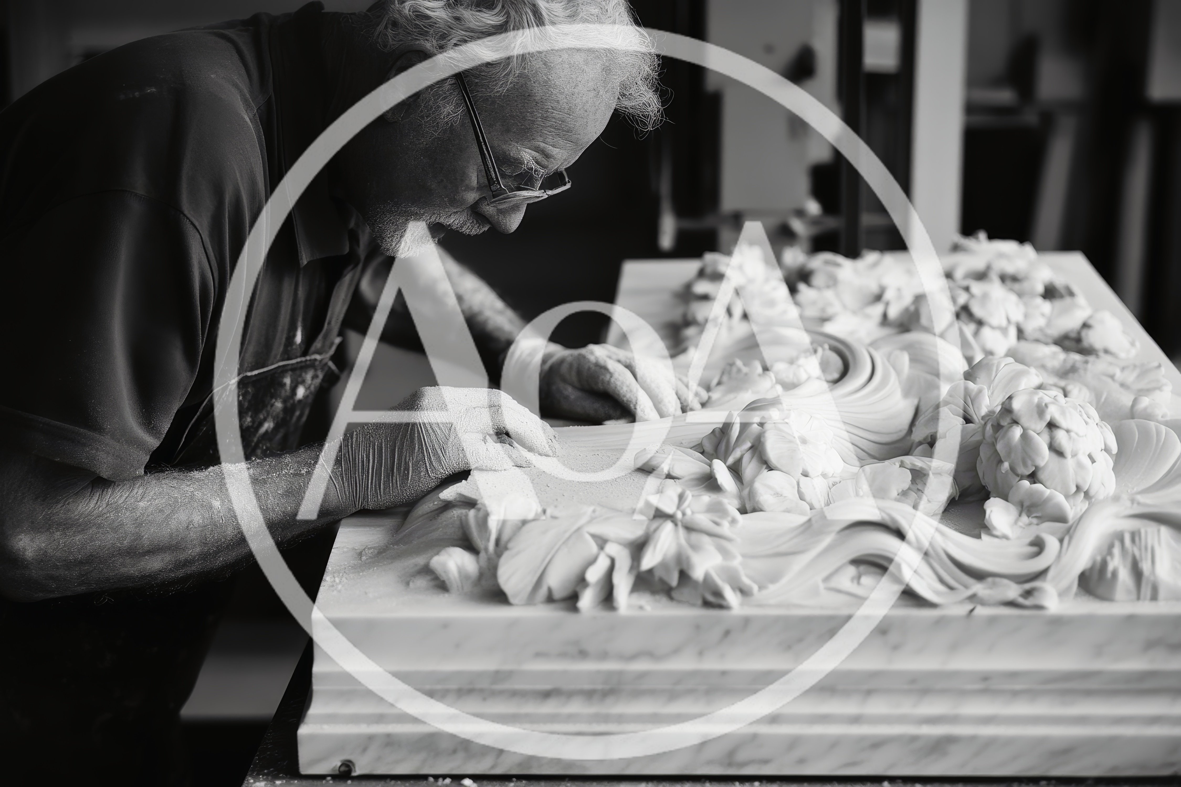 Elderly Sculptor Carving Intricate Floral Marble Relief