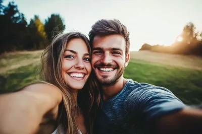 Happy Young Couple Taking A Selfie Outdoors