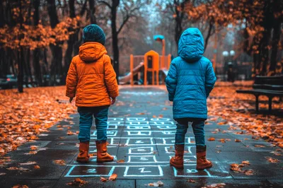 Two Children Standing Before A Hopscotch Court In Autumn