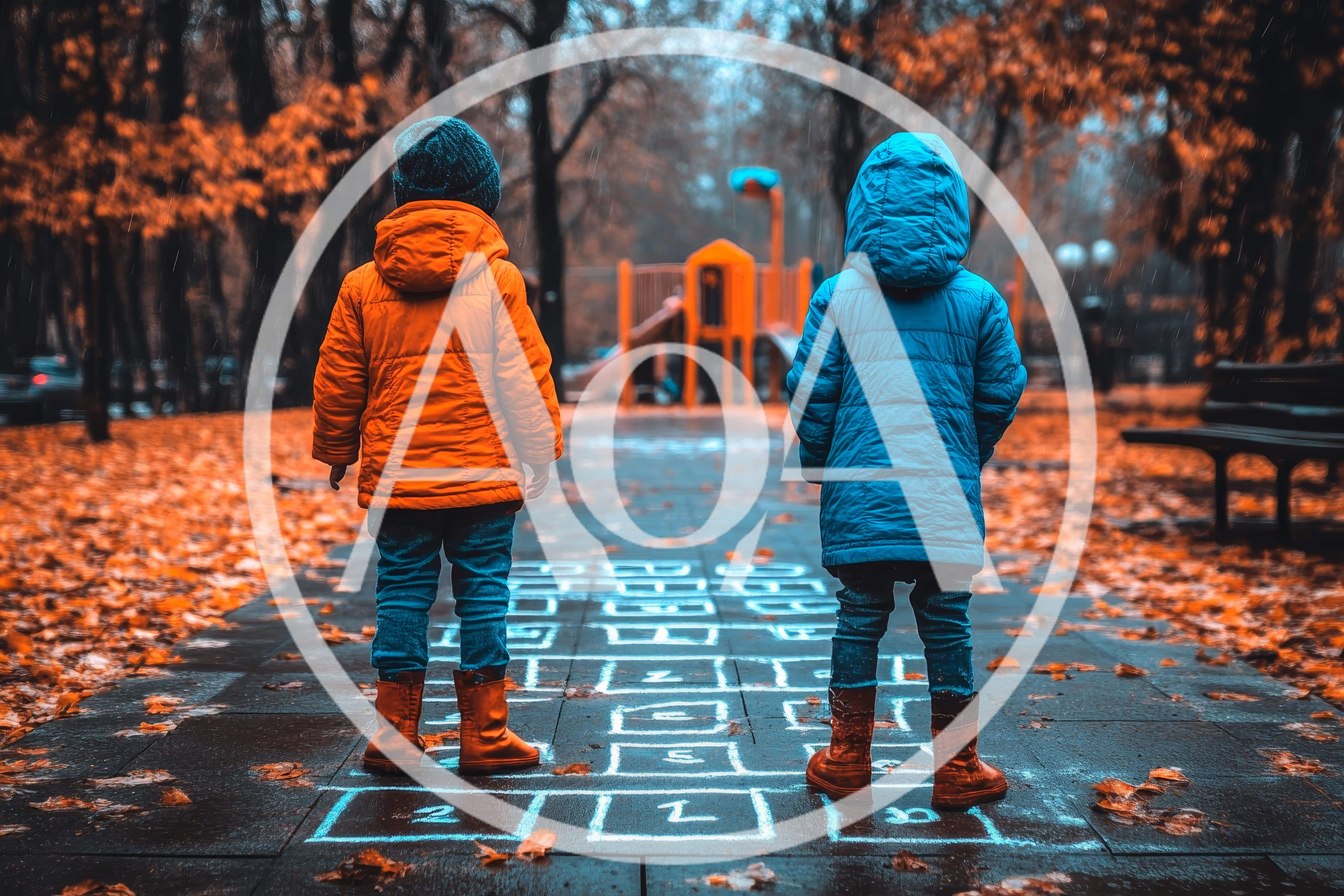 Two Children Standing Before A Hopscotch Court In Autumn