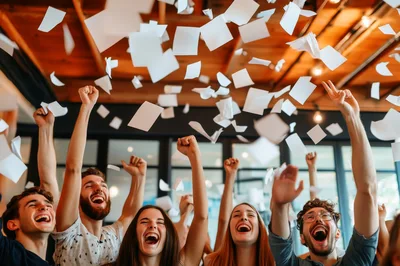 Excited Office Team Celebrating Success With Falling Paper