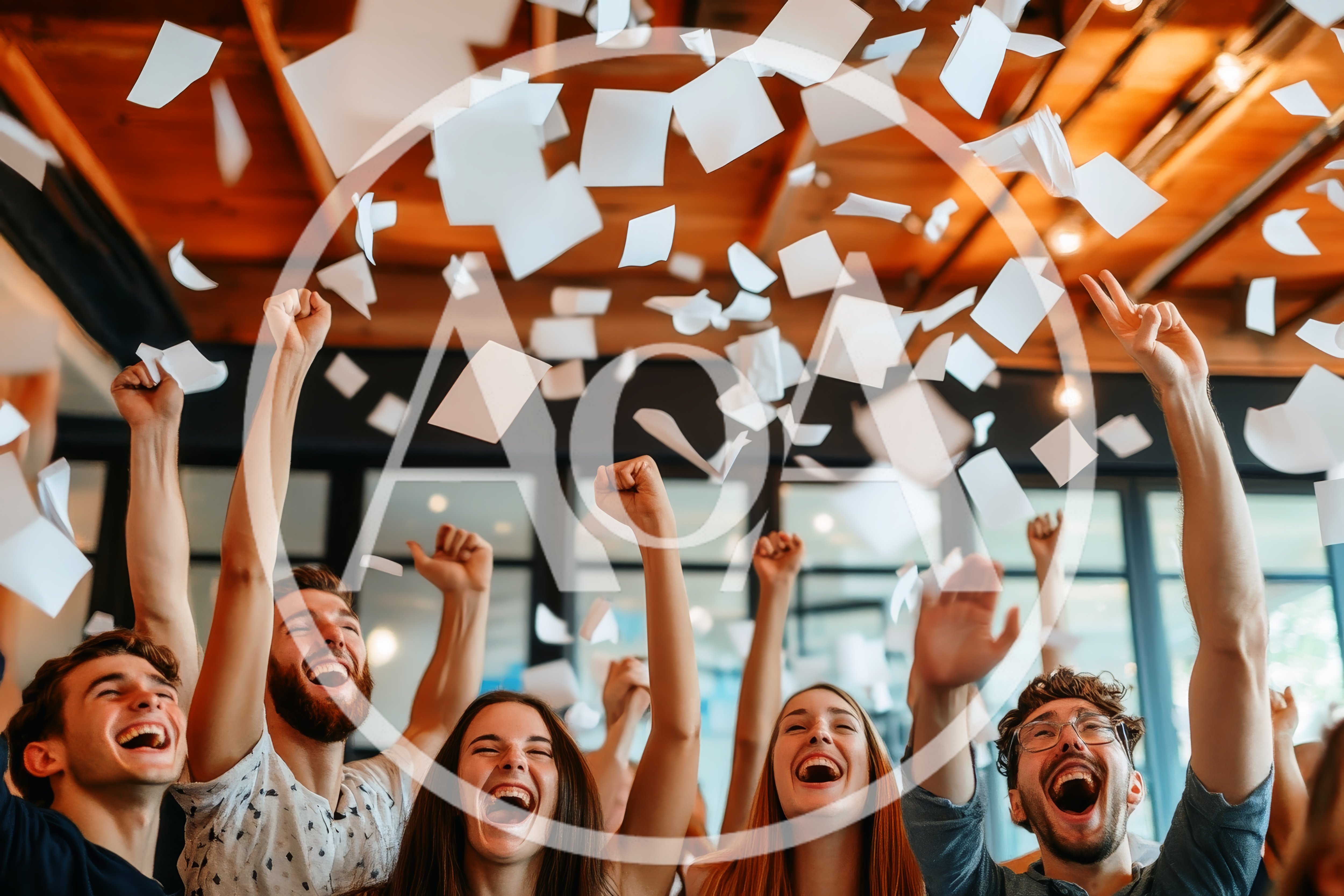 Excited Office Team Celebrating Success With Falling Paper
