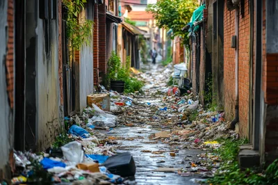 Narrow Alleyway Filled With Trash And Debris