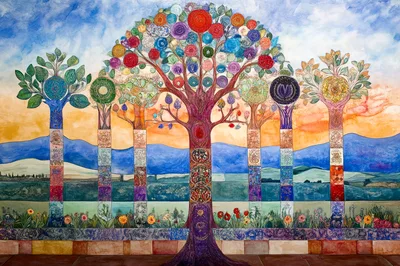 Whimsical Mural Of Stylized Trees In A Landscape