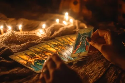 Tarot Card Reading With Candles In Dim Light