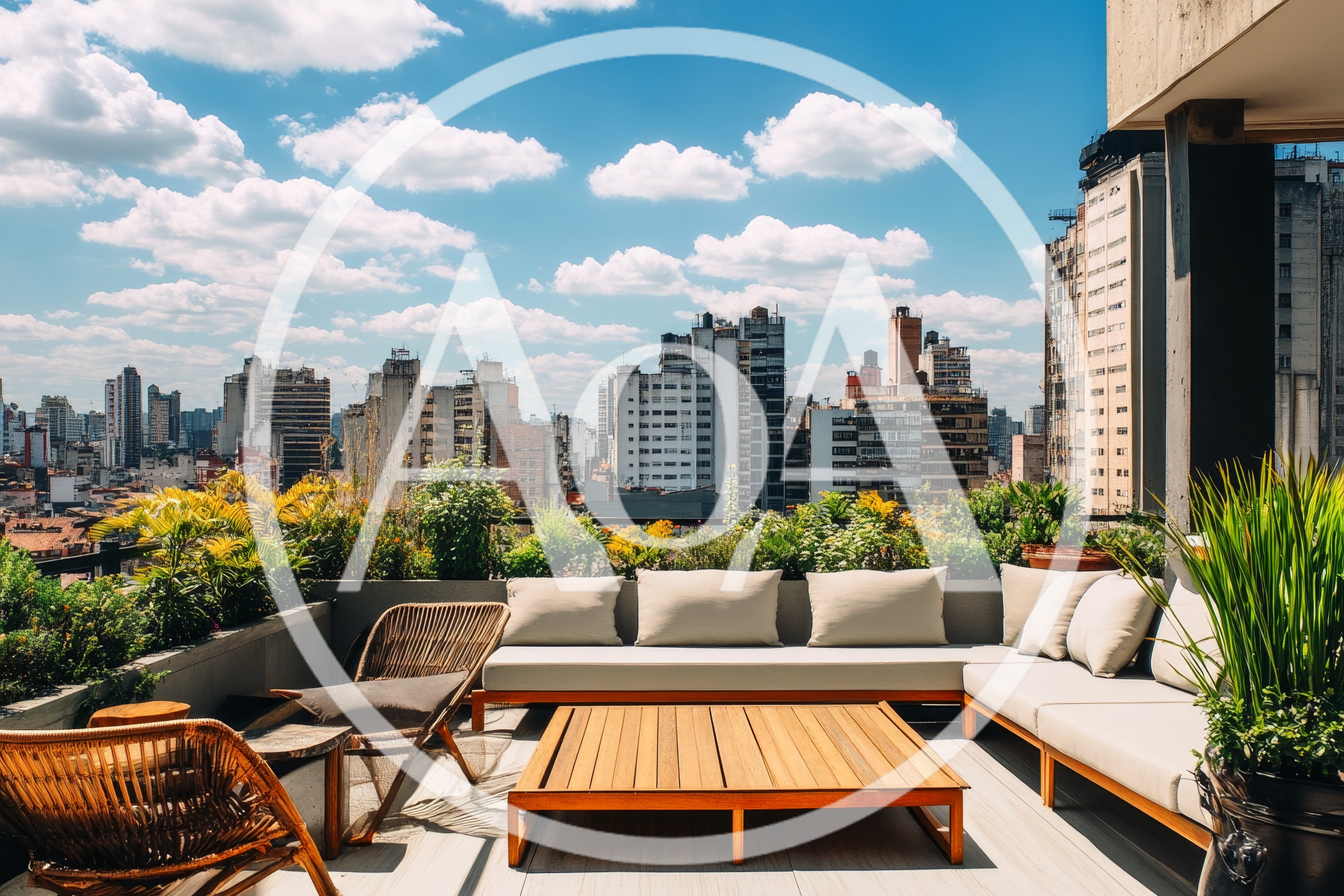 Modern Rooftop Terrace With City Skyline View