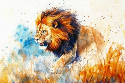 Watercolor Painting Of A Roaring Lion In The Savannah
