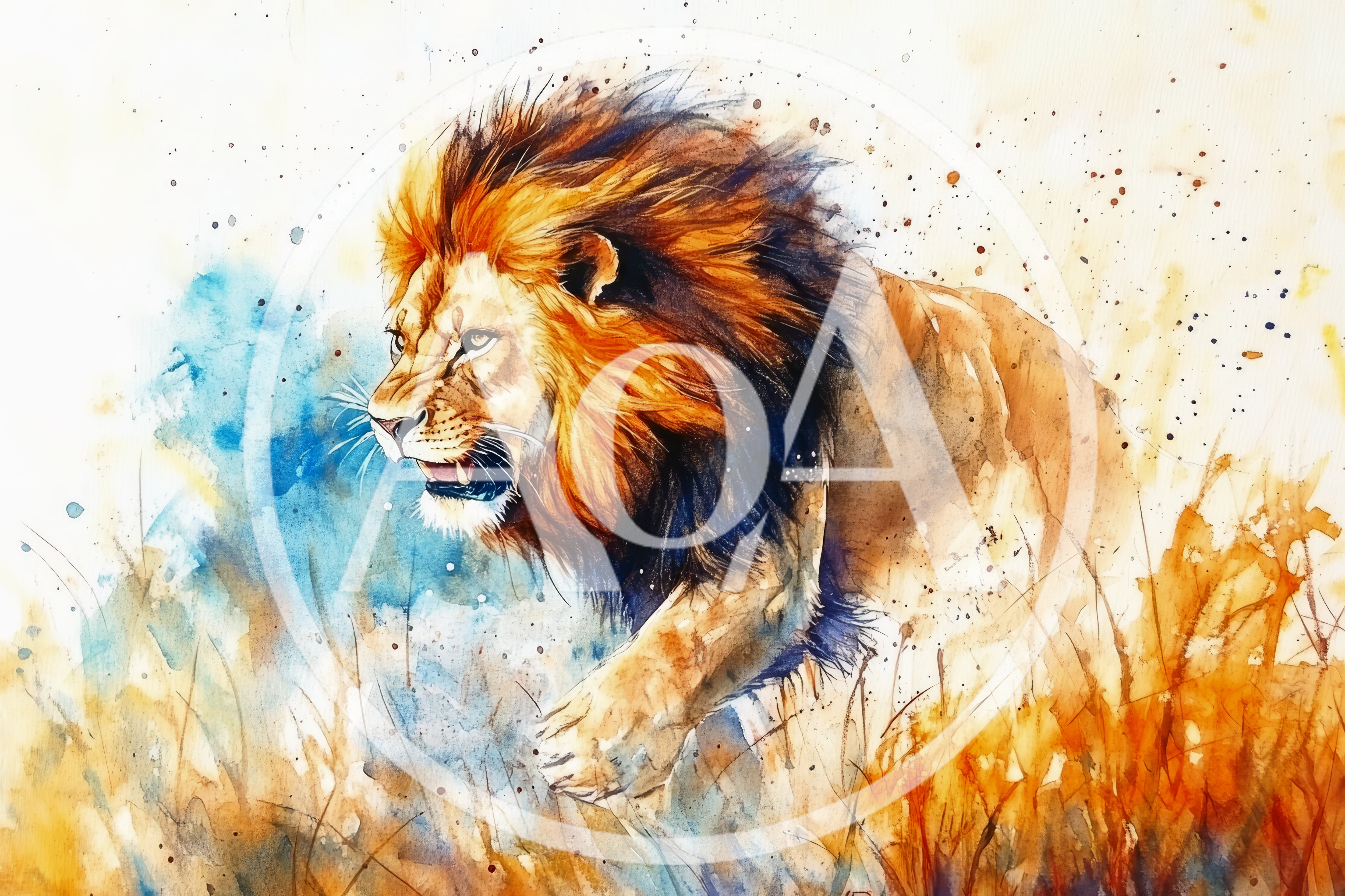 Watercolor Painting Of A Roaring Lion In The Savannah