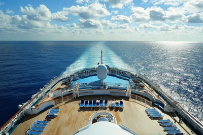 Cruise Ship Bow Sailing Across Open Ocean