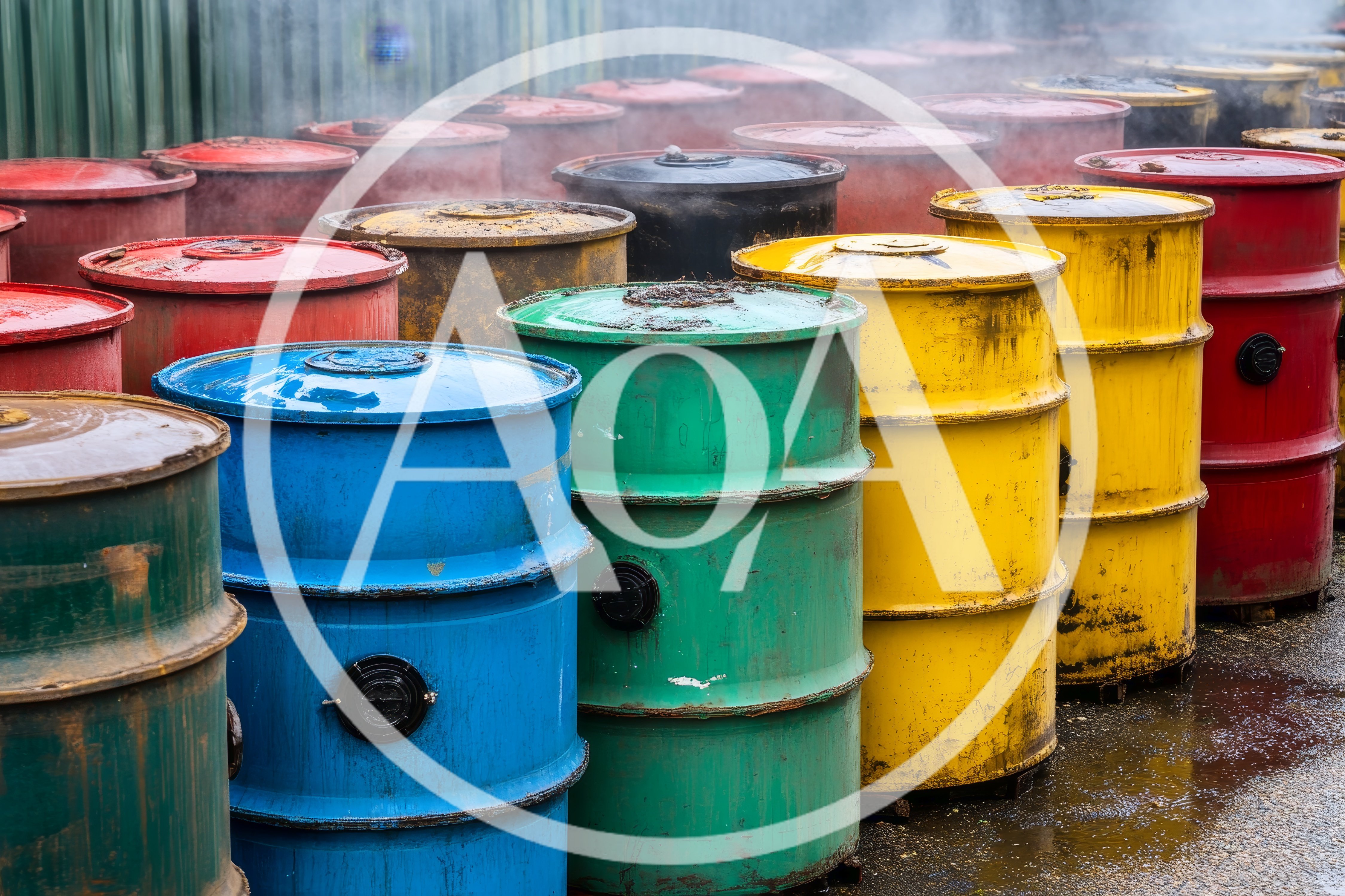 Industrial Metal Barrels Steaming In Outdoor Storage Yard