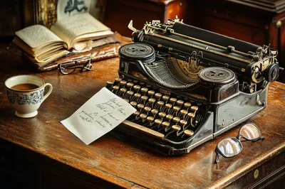 Vintage Typewriter With Handwritten Note On Wooden Desk