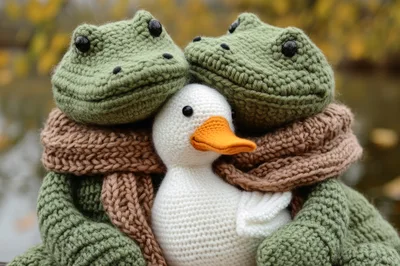 Crocheted Frogs Hugging A Small White Duck