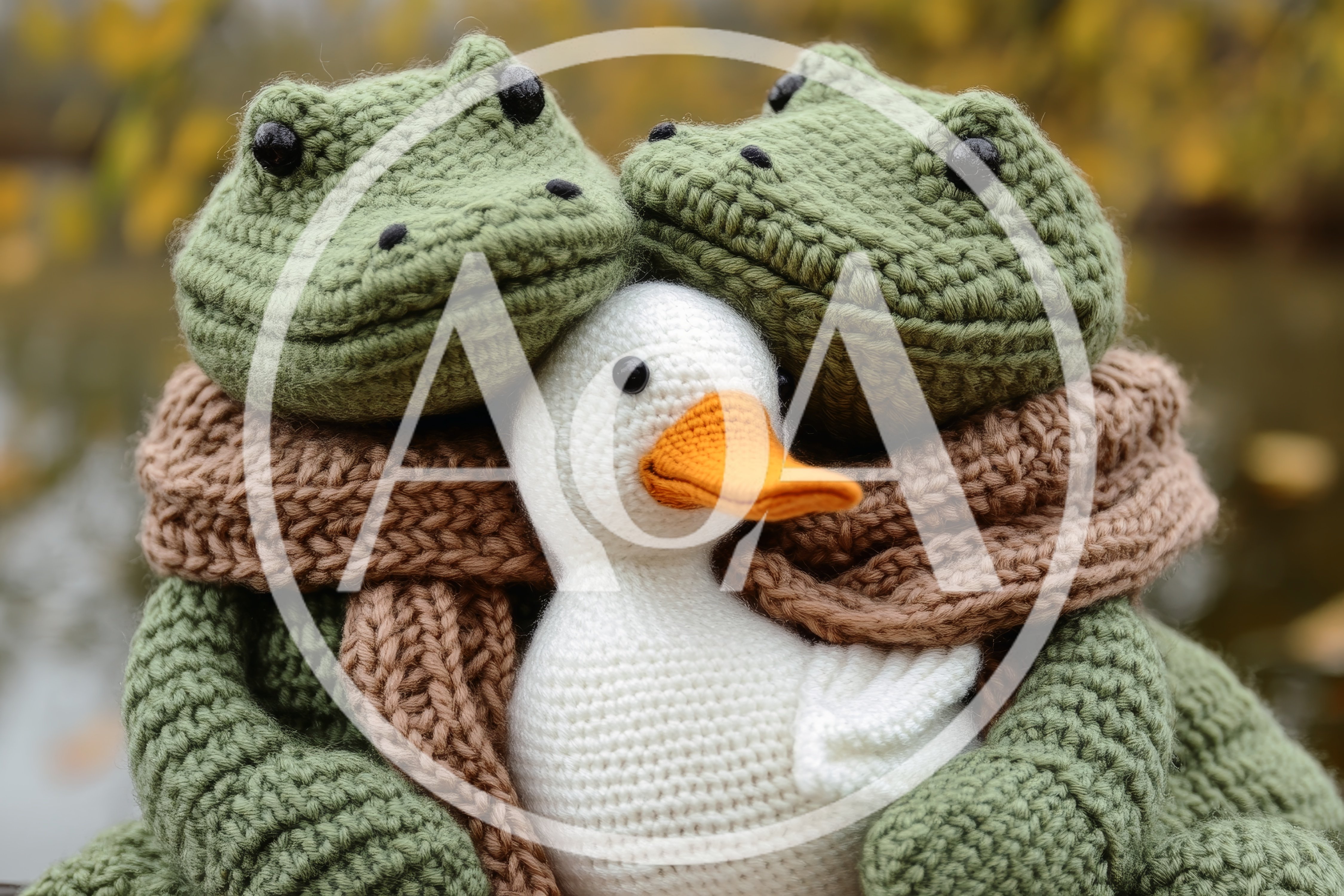 Crocheted Frogs Hugging A Small White Duck