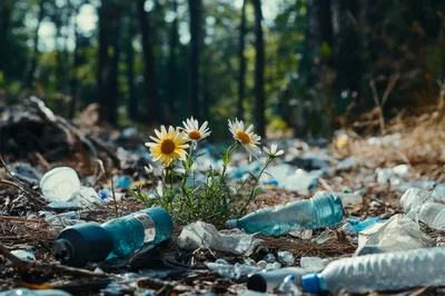 Wildflowers Growing Amidst Plastic Waste In A Polluted Forest