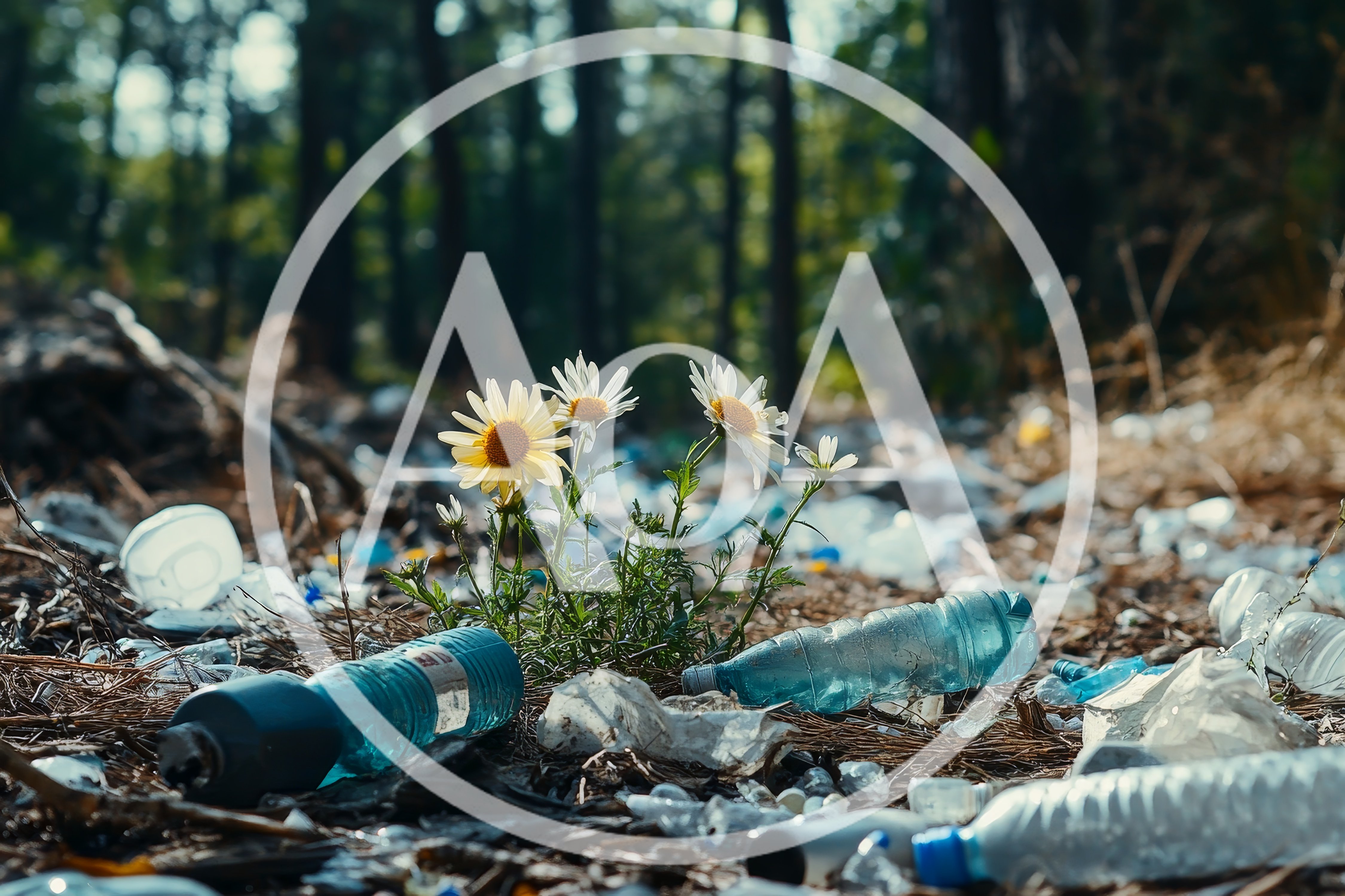 Wildflowers Growing Amidst Plastic Waste In A Polluted Forest