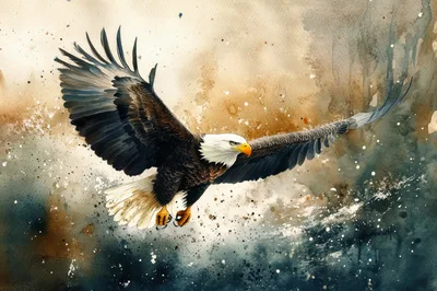 Watercolor Painting Of A Bald Eagle In Flight
