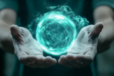 Person Holding Glowing Cyan Energy Sphere