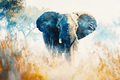 Majestic African Elephant Walking Through Golden Savanna Grass