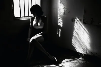 Silhouette of a Woman Sitting in a Dimly Lit Room