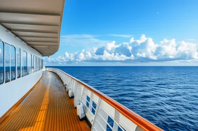Empty Wooden Deck Of A Cruise Ship At Sea
