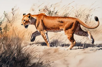 Watercolor Painting Of A Lioness Walking Through Tall Grass