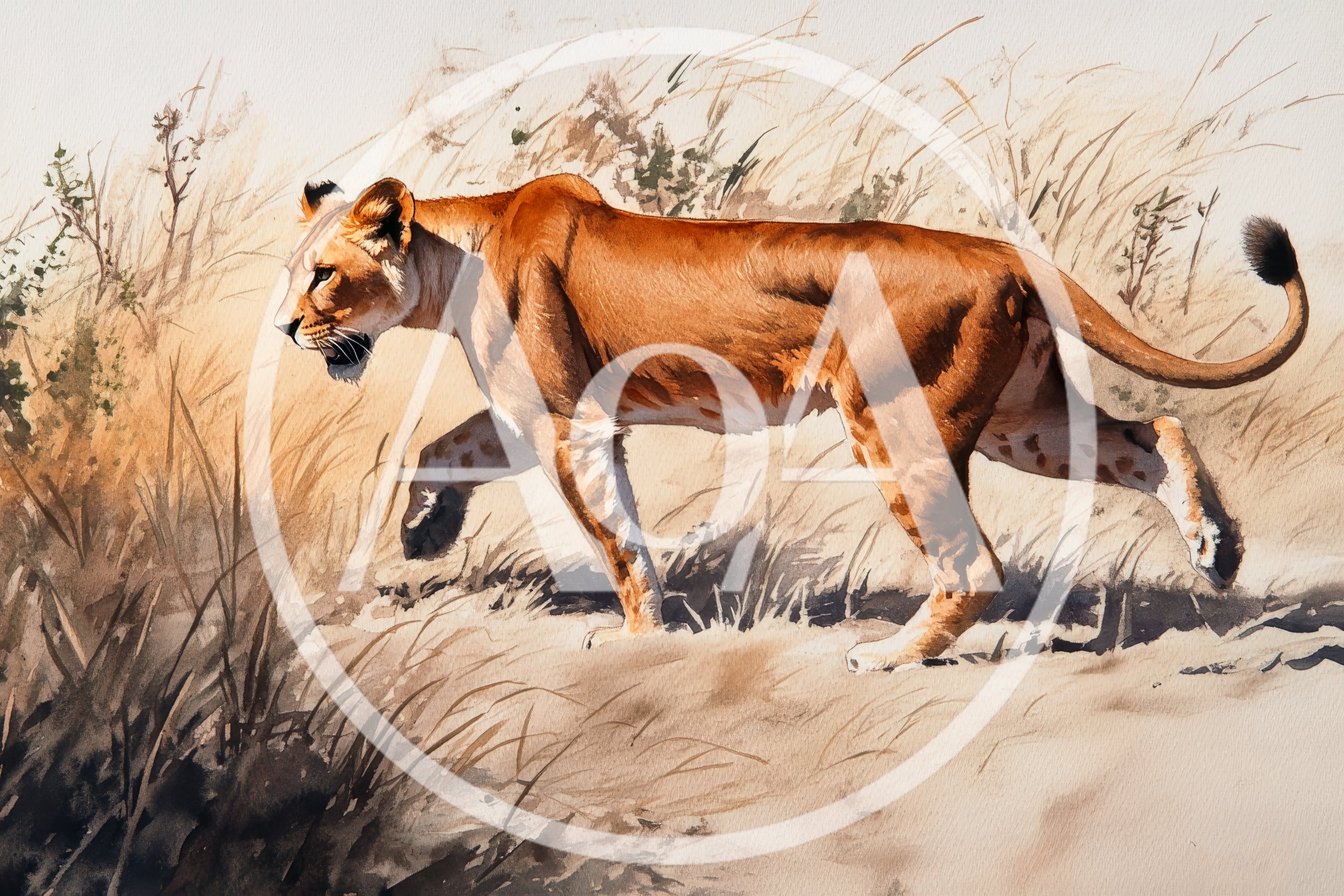 Watercolor Painting Of A Lioness Walking Through Tall Grass