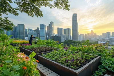Woman Tending Rooftop Garden Overlooking Modern City Skyline