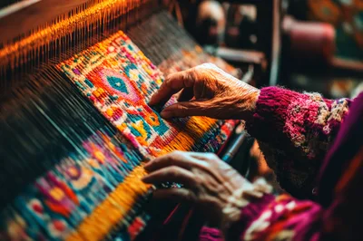 Elderly Artisan Weaving Intricate Colorful Textile on Loom