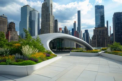 Modern Rooftop Garden Terrace With New York City Skyline