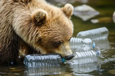 Brown Bear Interacting With Plastic Bottles In River
