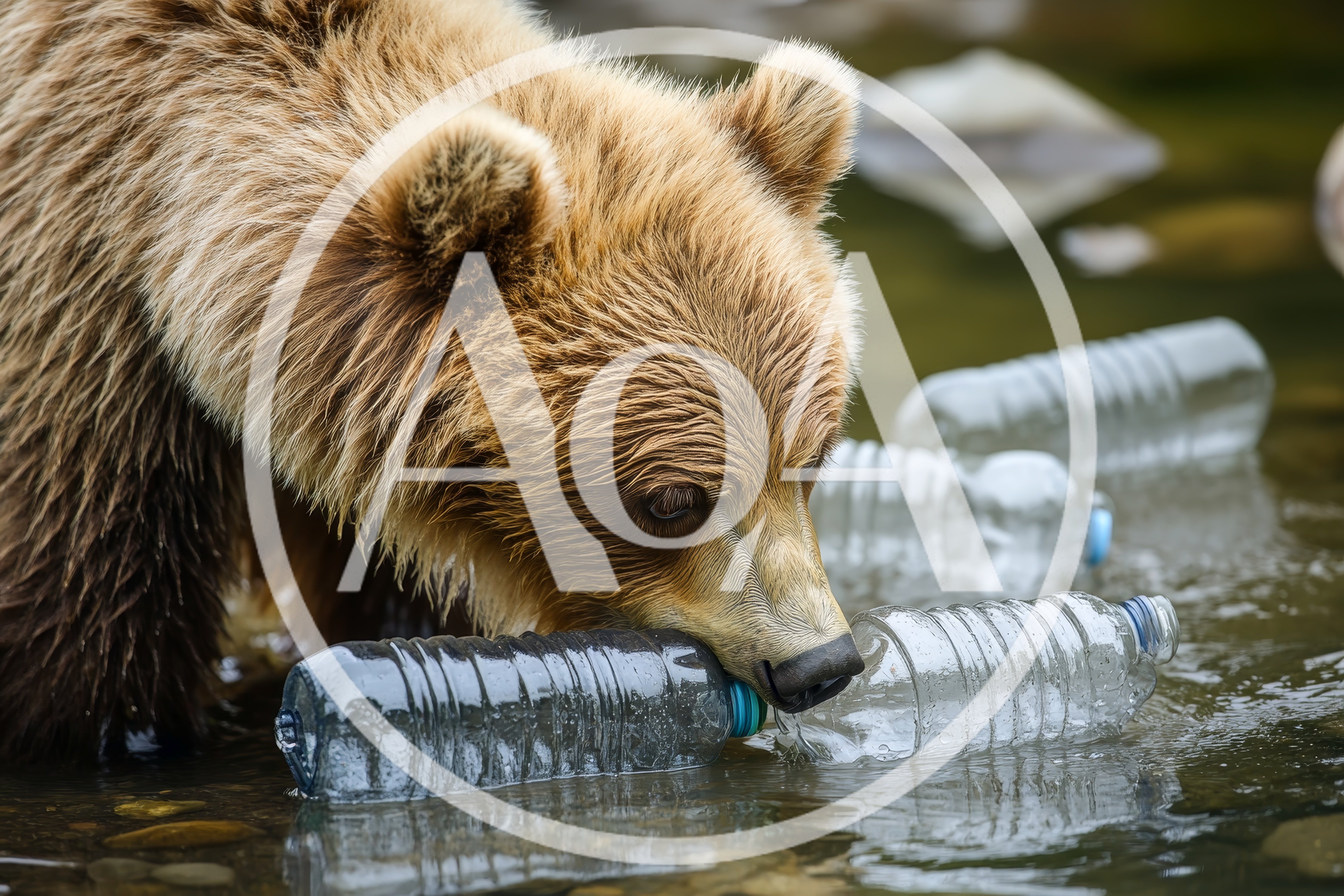 Brown Bear Interacting With Plastic Bottles In River
