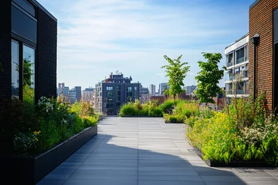 Modern Rooftop Terrace Garden With City Skyline View